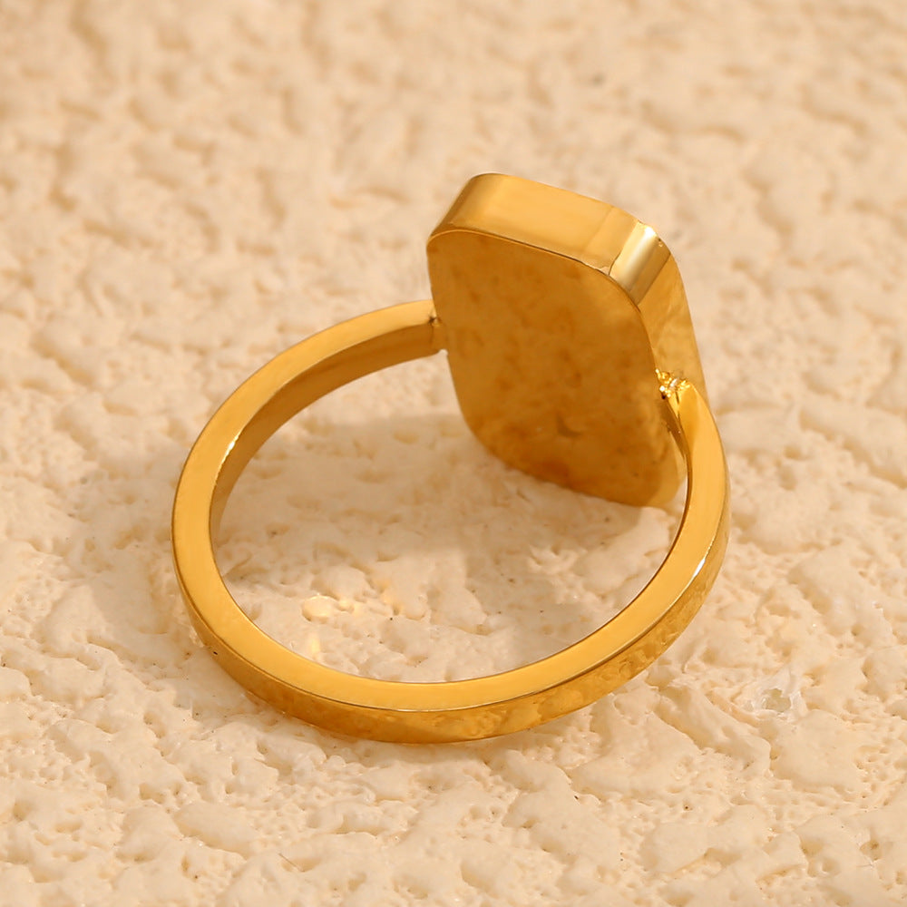Minimalist Geometric Stainless Steel Ring with 18K Gold Plating and Enamel Black Square Design for Women