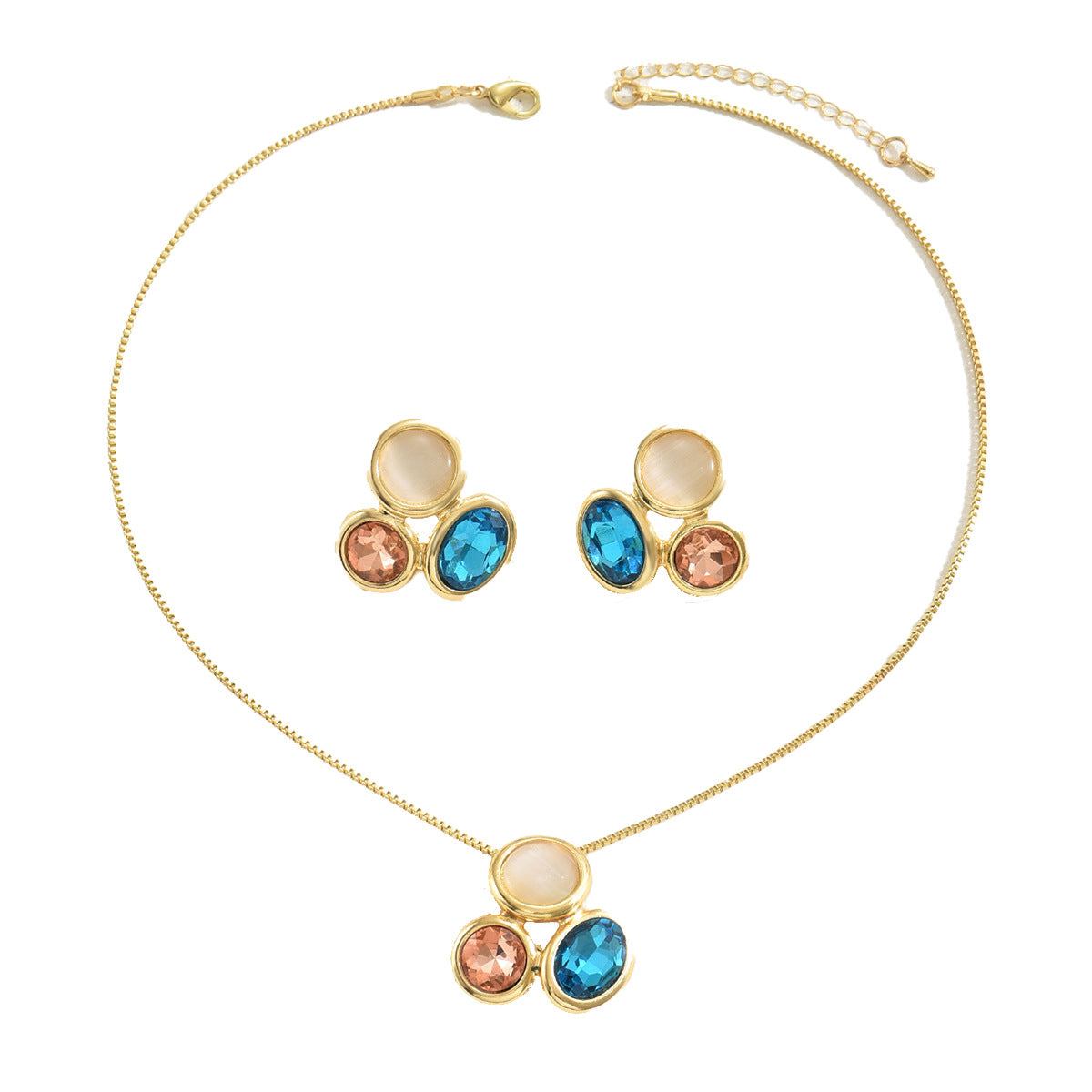 Collana con Pendente Geometrico Minimalista e Orecchini per Donna Rame con Intarsi Dorati e Pietre Semipreziose Multicolori