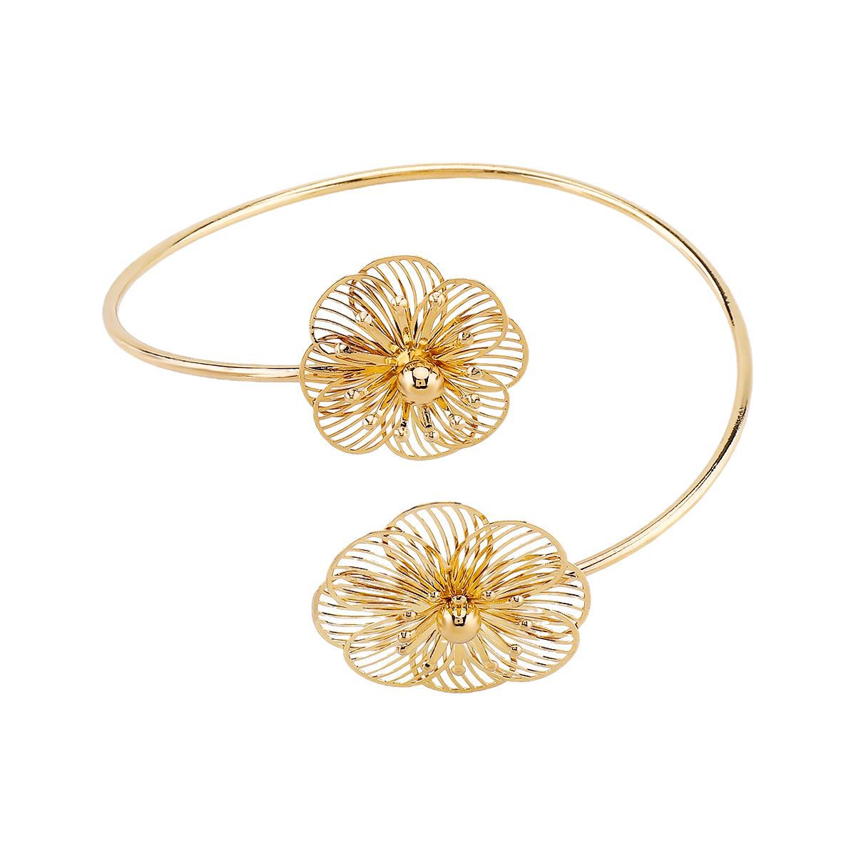 Bracciale da donna a polsino con fiore 3D traforato minimalista con finitura placcata