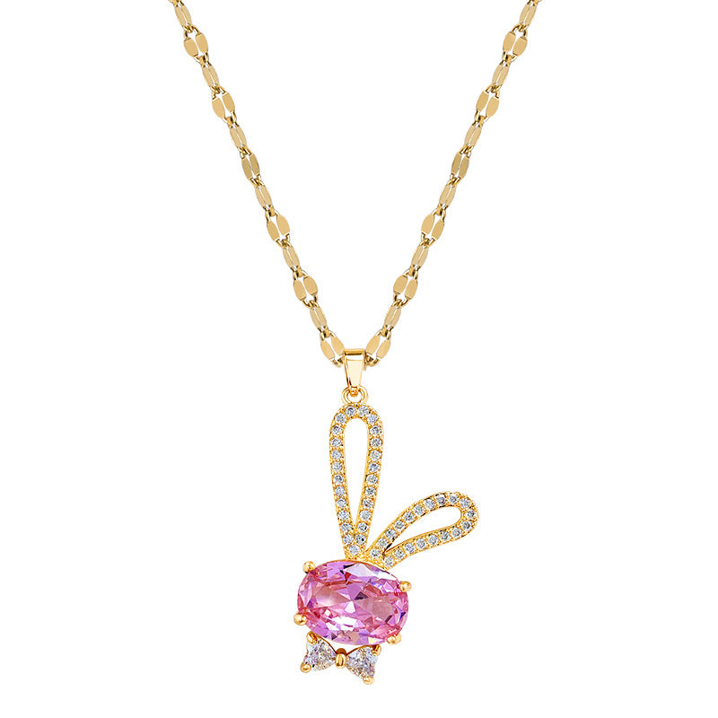 Sweet Cartoon Rabbit Full Rhinestone Pendant Necklace Titanium Steel Cable Chain for Women and Men