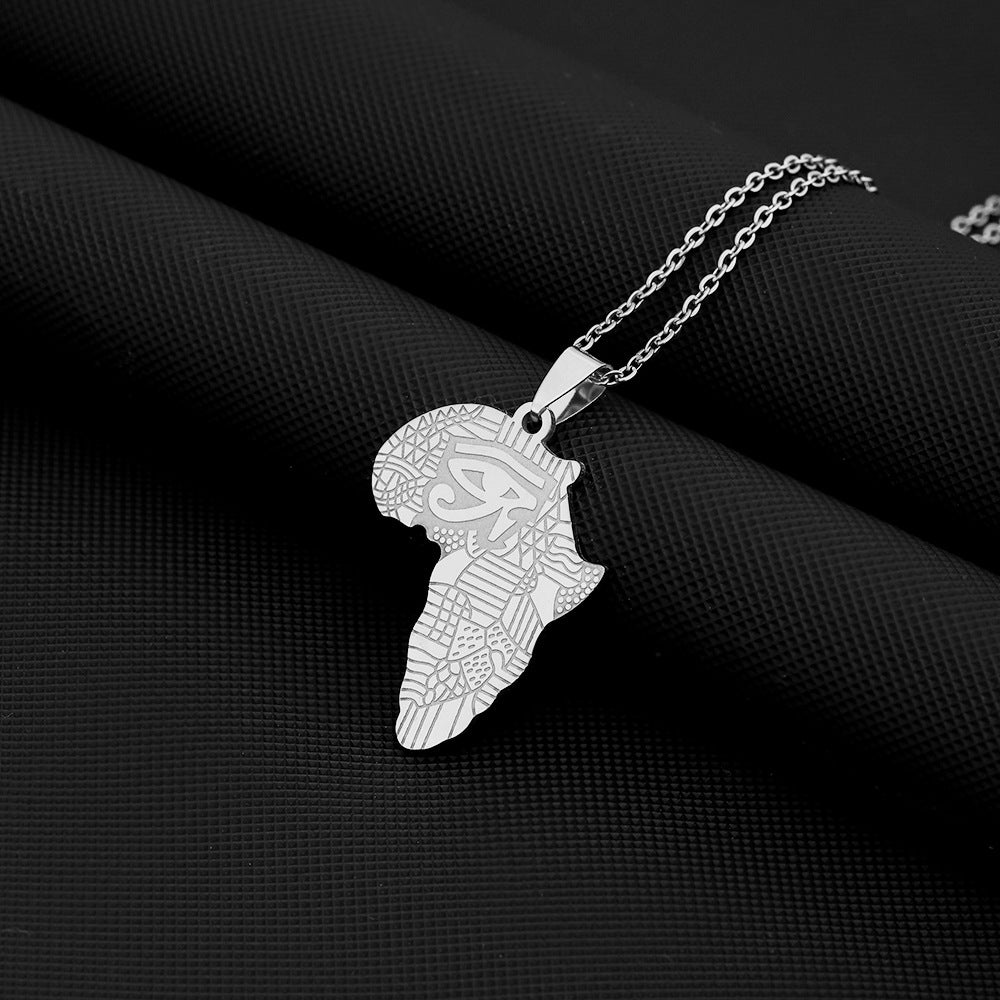 Collana con ciondolo a forma di occhio del Sahara, mappa africana vintage, in acciaio inossidabile con ciondolo in acciaio al titanio e finitura galvanica su catena a maglie ovali