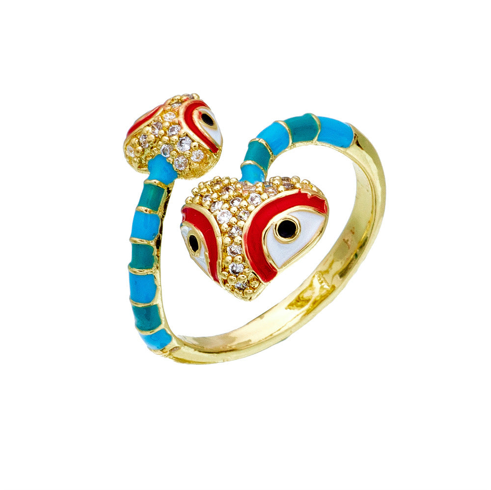 Anello geometrico minimalista in rame con zirconi micro-incastonati e finitura smaltata da donna