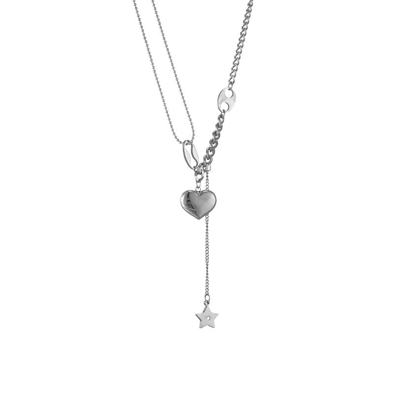 Minimalist 3D Heart and Star Pendant Stainless Steel Necklace for Women