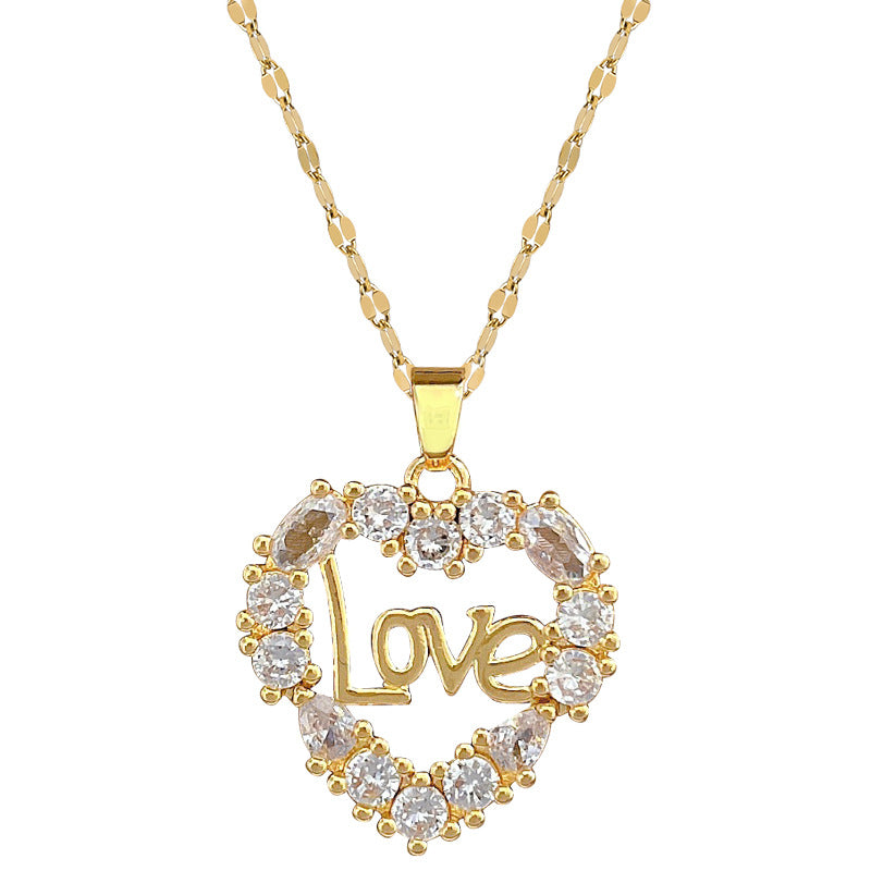 Luxury Titanium Steel Heart Pendant Necklace with Rhinestones for Women and Men Geometric Moon Pattern