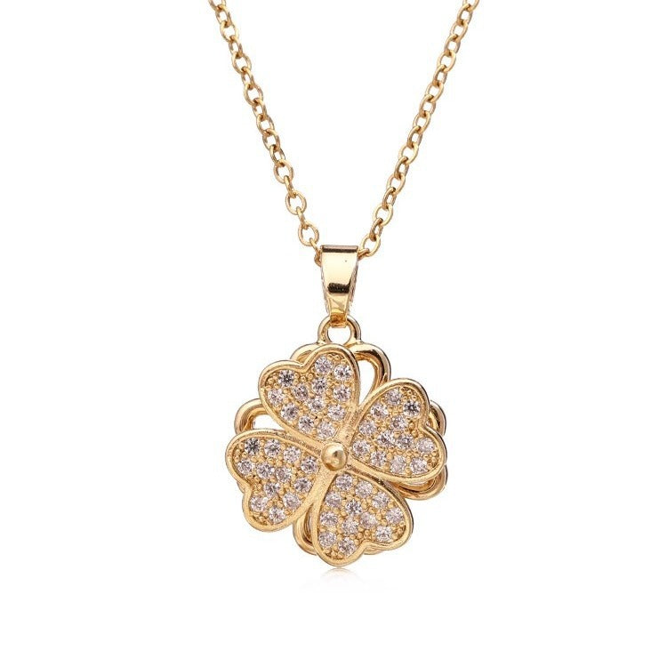 Collana con Pendente Girevole a Quadrifoglio in Acciaio al Titanio con Strass Micro-Pavé, Catena a O, Design Geometrico Minimalista Unisex