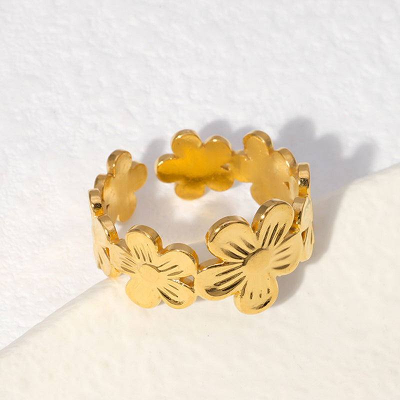 Sweet Minimalist Floral Plated Stainless Steel Open Ring for Women