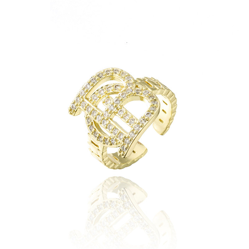 Hip-hop Punk Streetwear 18K Gold Plated Brass Micro-inlaid Geometric Open Ring