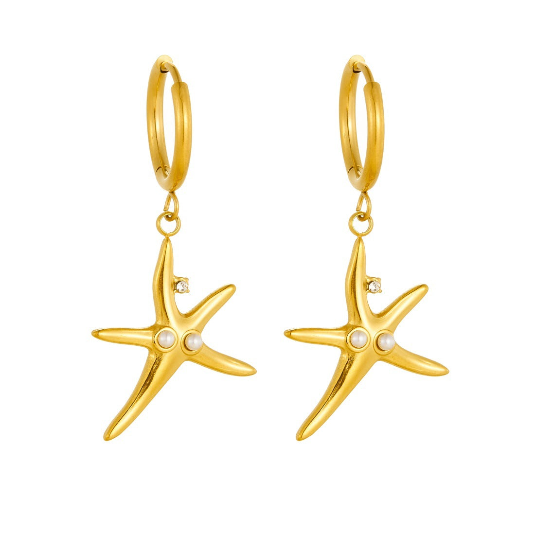 Streetwear Gold Plated Stainless Steel Starfish Hoop Earrings with Rhinestone and Imitation Pearl