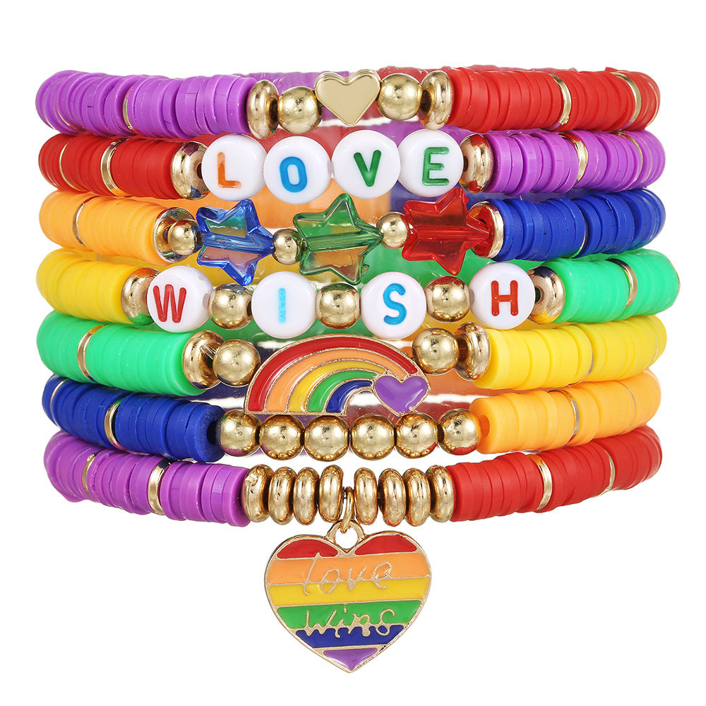 Streetwear Rainbow Gradient Heart Geometric Resin Acrylic Glass Bead Stretch Bracelet Set