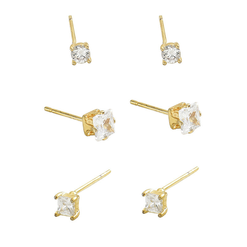Orecchini geometrici minimalisti da donna con intarsio in zircone su base in rame e perni in acciaio inossidabile