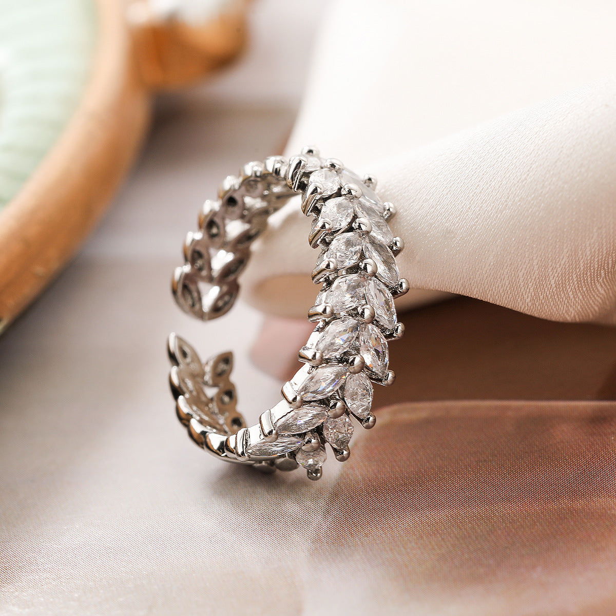 Minimalist Geometric Open-End Wheat Sheaf Ring for Women in Brass with Real Gold Plating and Zircon Inlay