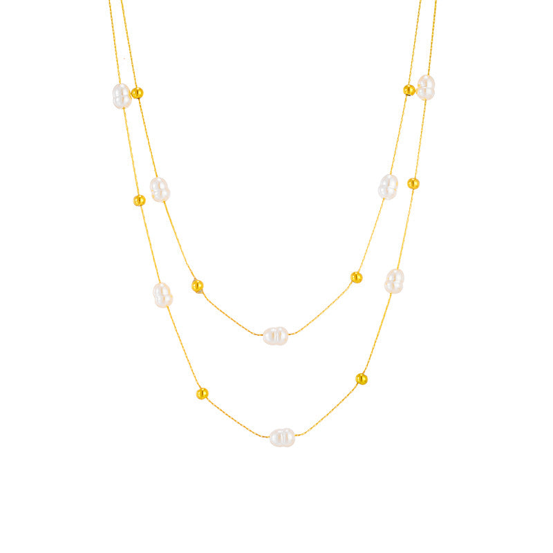 Elegant Vintage-Inspired Minimalist Double-Layer Titanium Steel Clavicle Necklace with Pearl Accents and Gold Plating