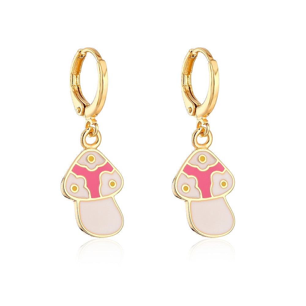Minimalist Mushroom-Shaped Earrings for Women Made of Copper with Gold Plating and Enamel Finish