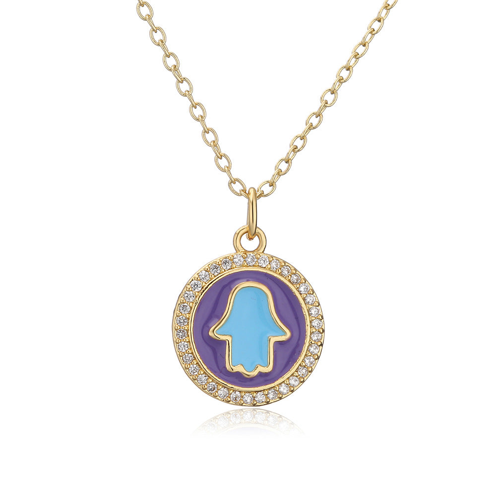 Geometric Round Drip Oil Brass Pendant Necklace with Cubic Zirconia for Women