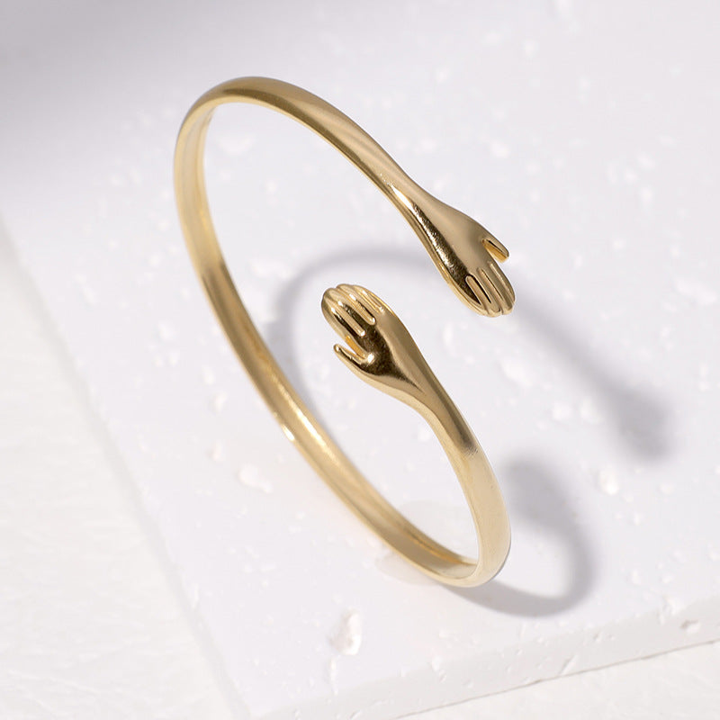 Minimalist Titanium Steel Open Bangle Bracelet with Palm Shape Design Electroplated Stainless Steel Jewelry for Women