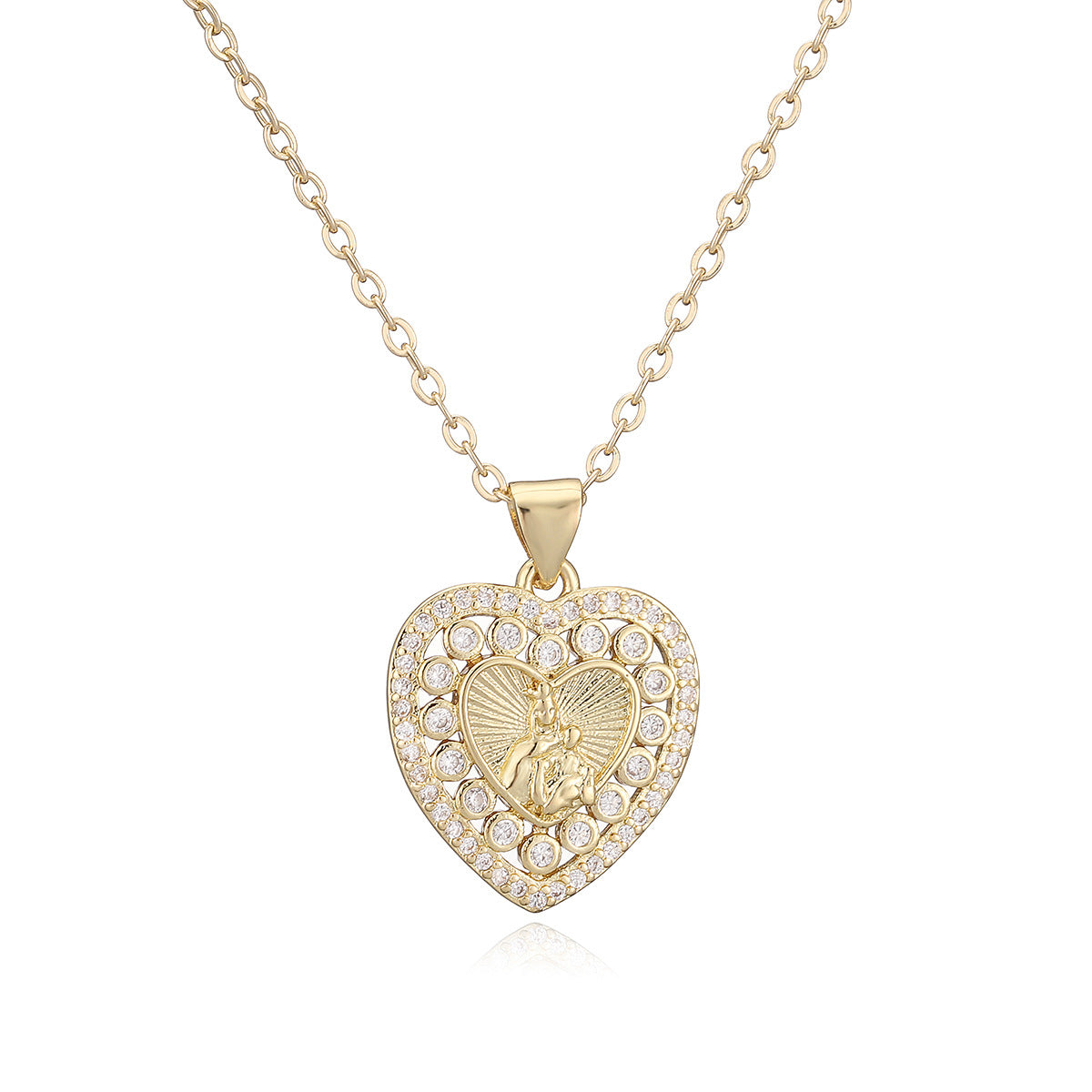Vintage Minimalist Heart Brass Gold Plated Cubic Zirconia Maria Pendant Necklace