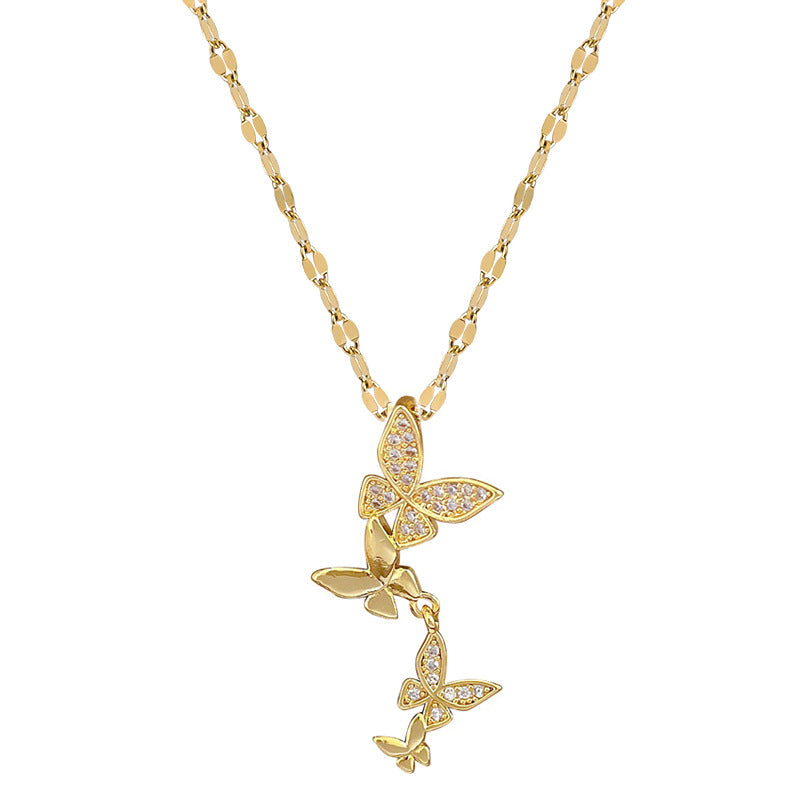 Collar de lujo con colgante de mariposa e incrustaciones de diamantes de imitación en cadena de acero de titanio, unisex