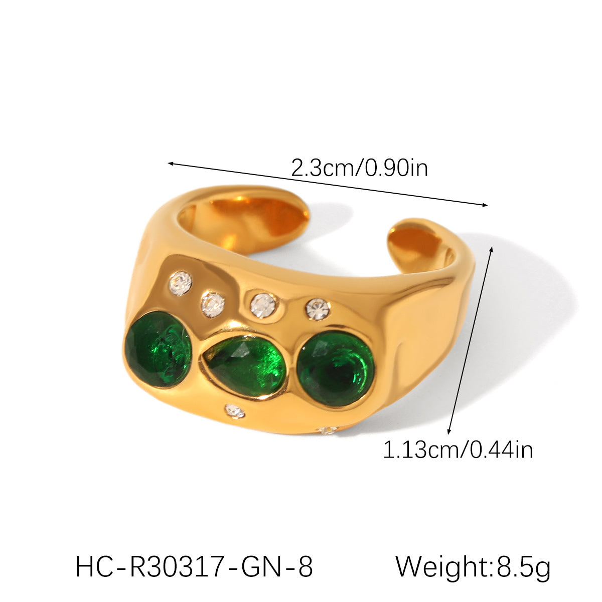 Ins Style Irregular Hammered Textured Stainless Steel Ring with Zircon Inlay for Women