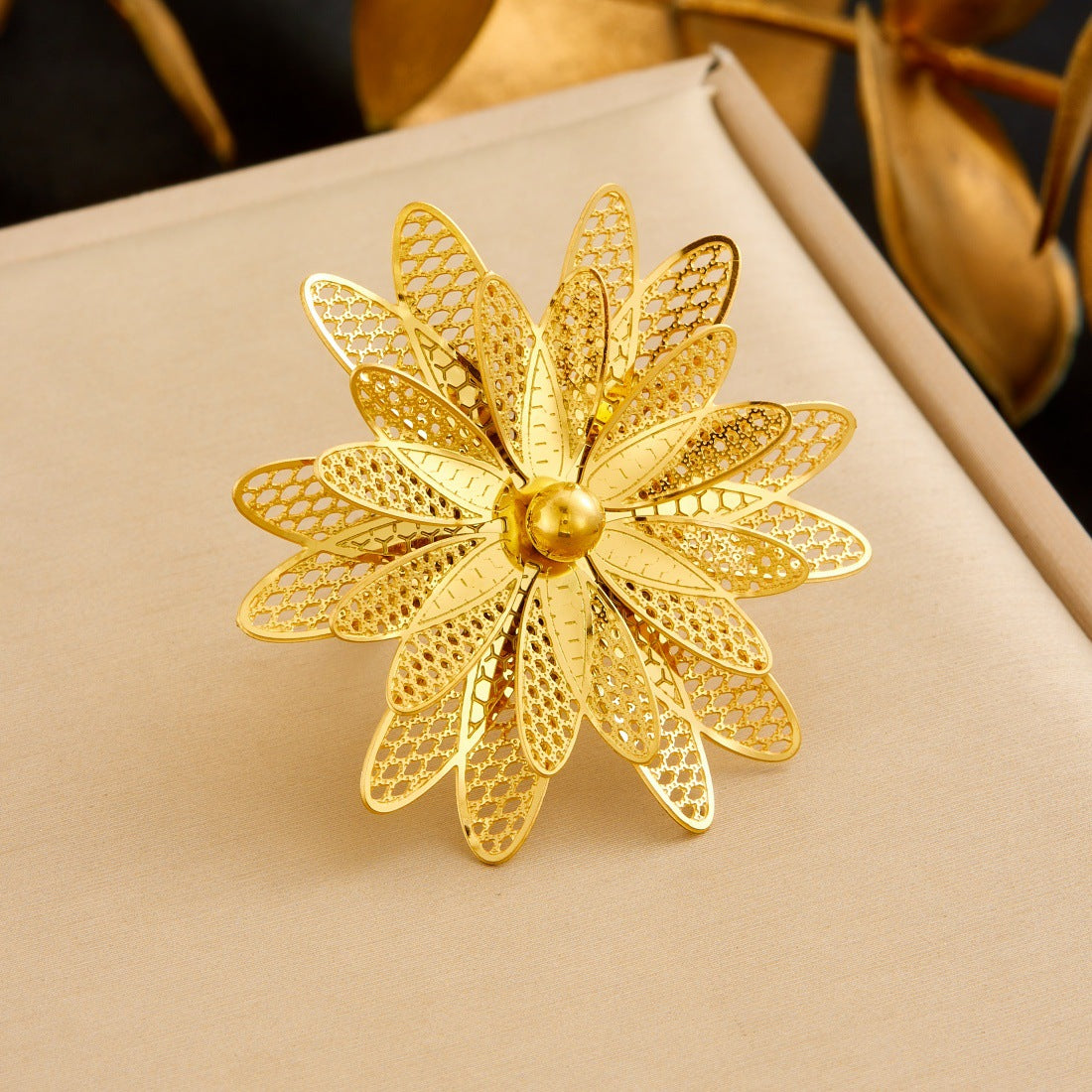 Gold Plated Stainless Steel Hollow Layered Flower Butterfly Ring for Women