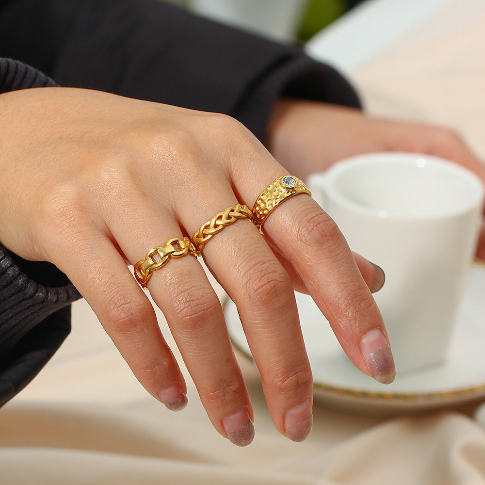 Minimalist Geometric Stainless Steel Plated 18K Gold Moon Surface Ring with Zirconia Accent for Women