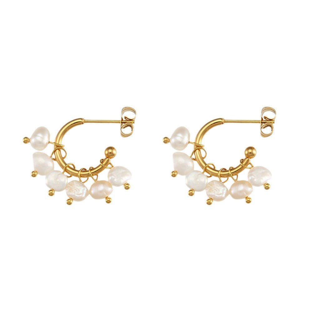 Minimalist Fresh Multi-Layer Pearl Earrings with Geometric Design in Plated Metal for Women