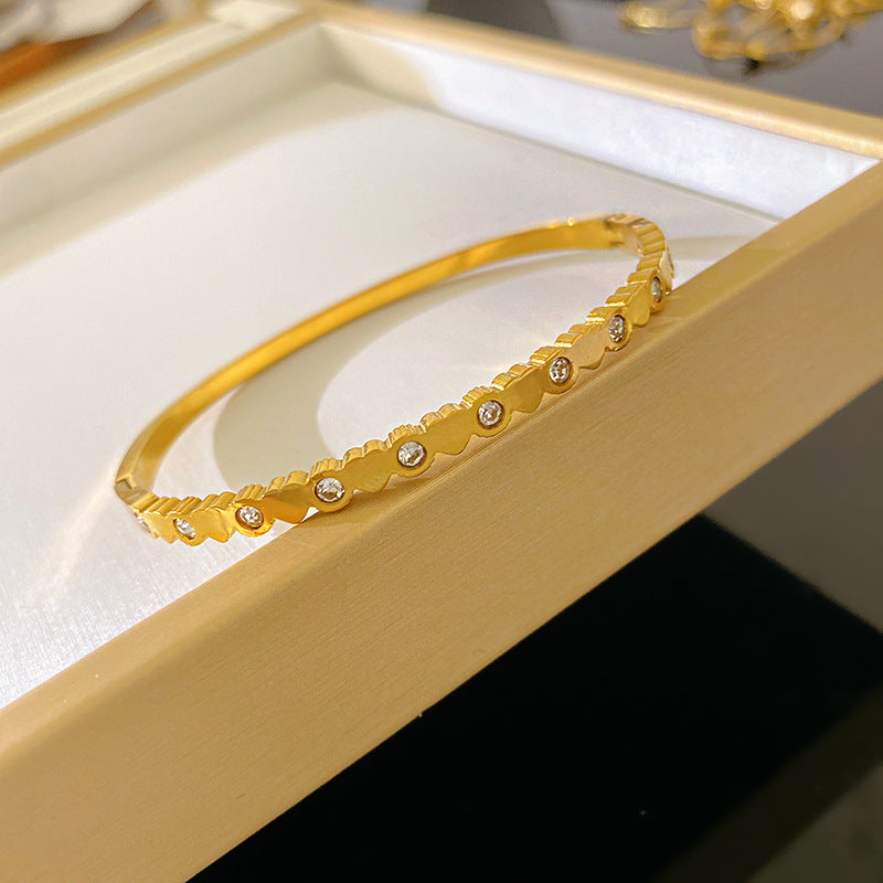 Sweet Minimalist Heart Rhinestone Plated Titanium Steel Bangle with Star Element for Women and Men