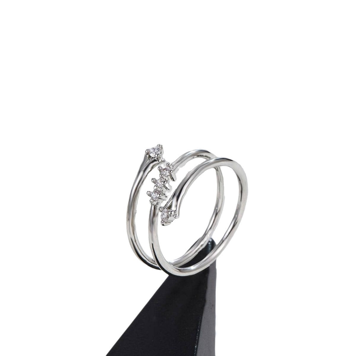Anillo abierto de cobre con forma de U, geométrico y minimalista para mujer con incrustaciones de circonitas