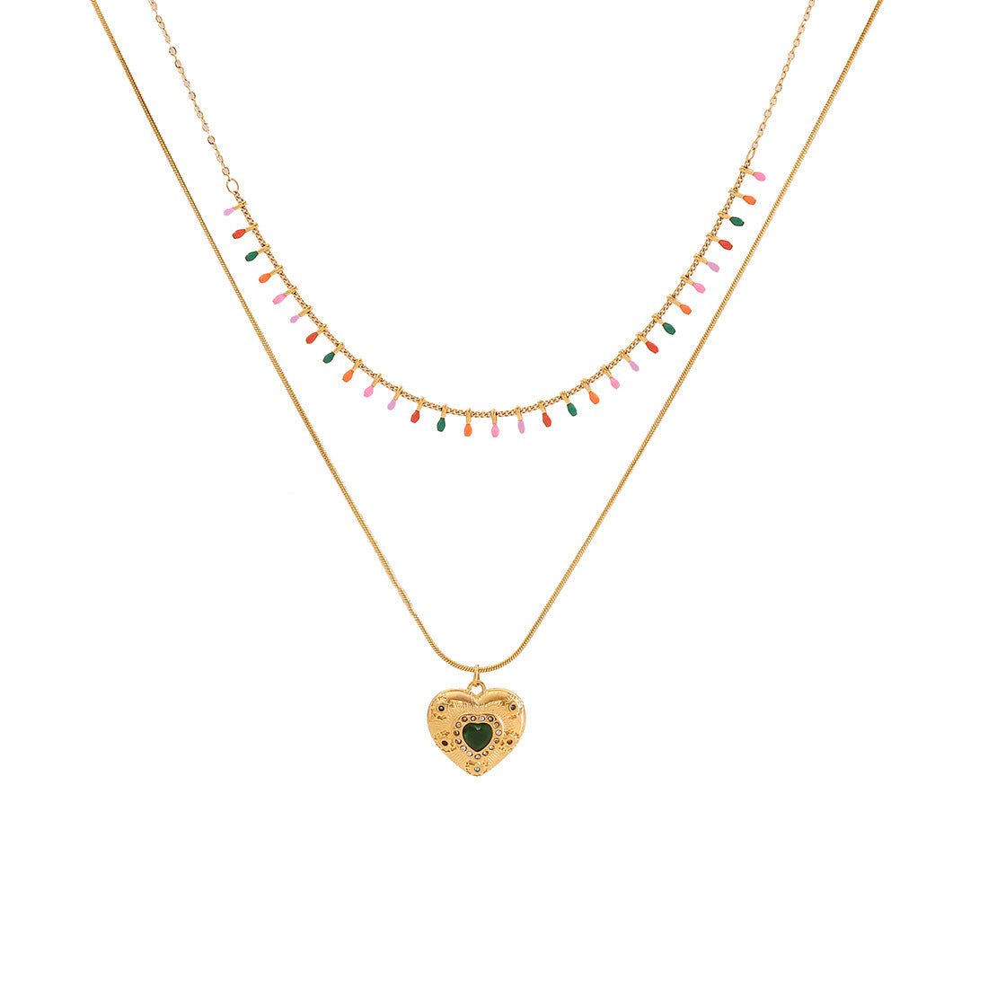 Fashionable Geometric Stainless Steel Double-Layer O-Chain Necklace with Enamel-Drop Pendant for Women