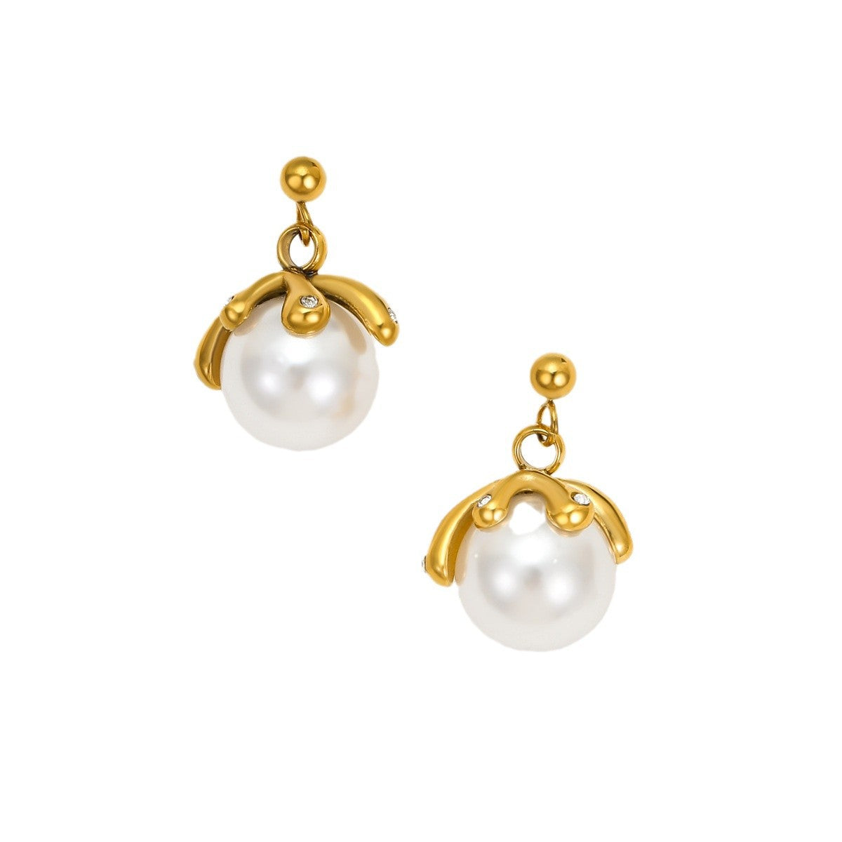 Vintage Style Petal-Shaped Titanium Steel Gold-Plated Pendant Necklace for Women with Zircon and Pearl Inlay