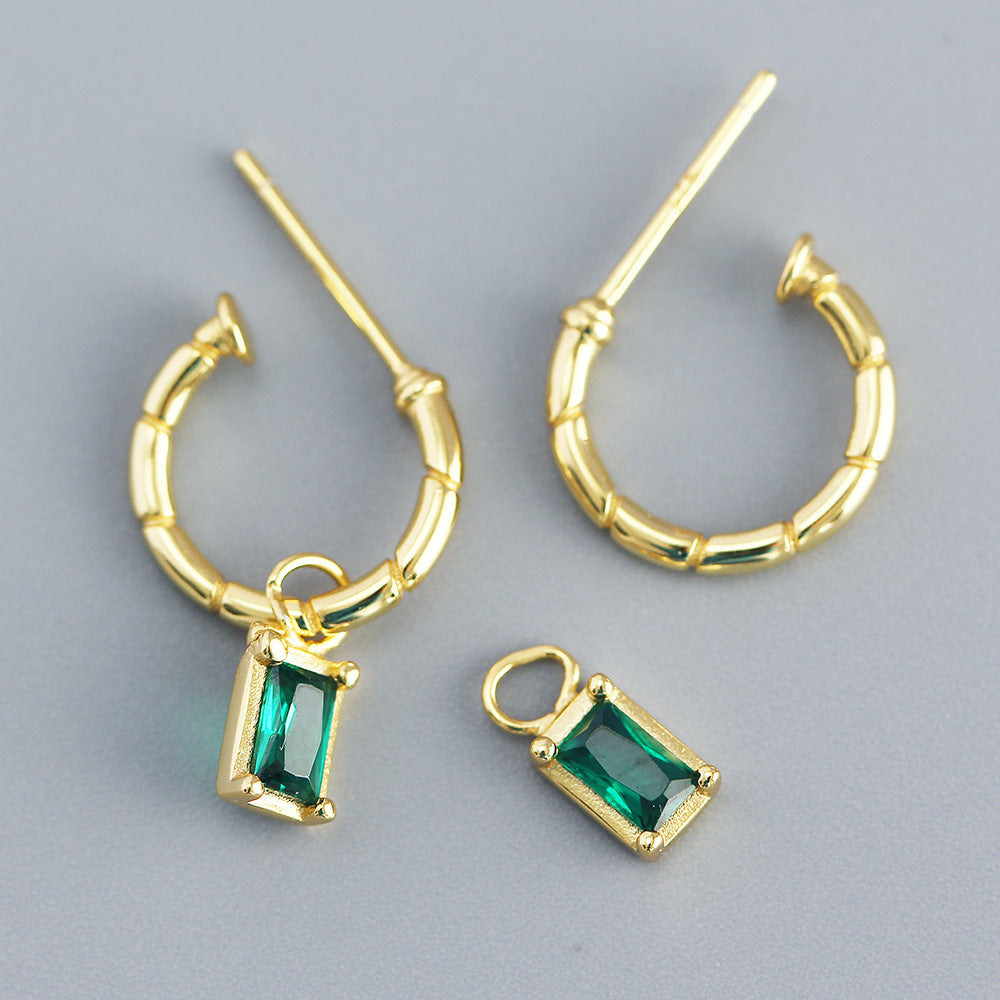 Elegant 925 Sterling Silver Geometric C-Shaped Earrings with Emerald Cubic Zirconia Inlay for Women