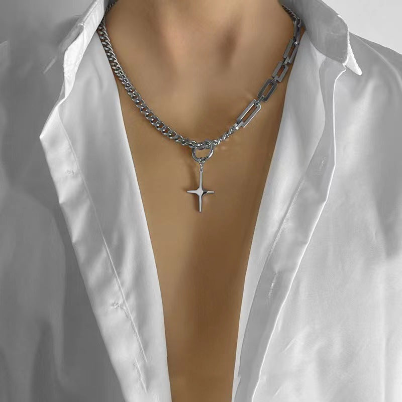 Collana minimalista geometrica in acciaio al titanio con ciondolo a croce lucido e design staccabile, per uomo e donna