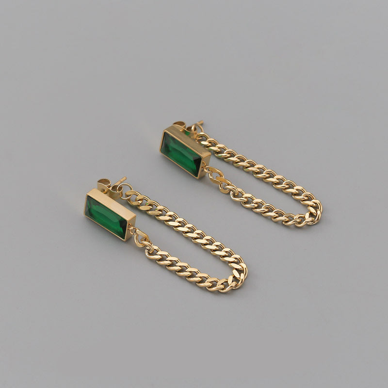 Minimalist Fashionable Gold-Plated Titanium Steel Snake Chain Necklace Set with Rhinestone Rectangle Green Accents for Women