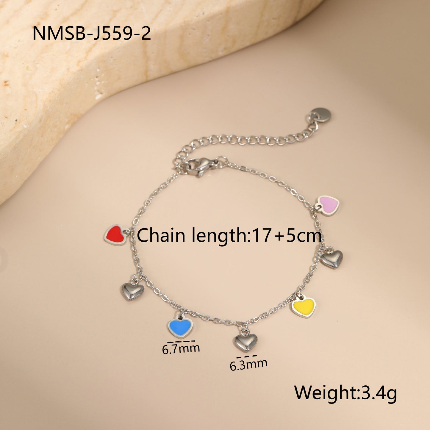 Fashionable OL Style Heart-Shaped Stainless Steel Bracelet with Plating Finish, Colorful and Tarnish-Resistant for Women