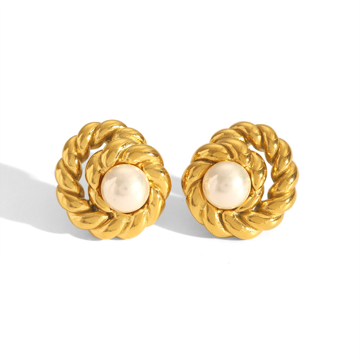 Luxury 18K Gold Plated Stainless Steel Twisted Rope Pearl Geometric Earrings for Women