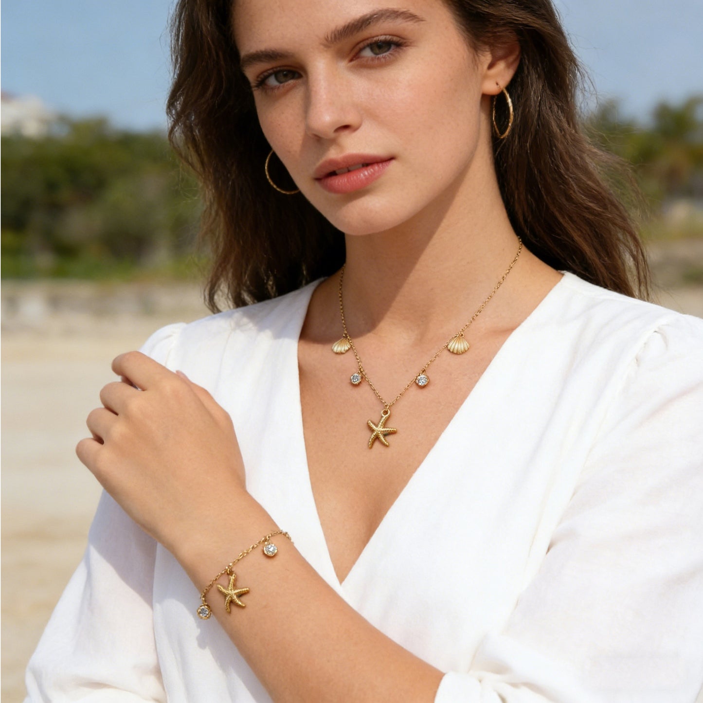 Ocean Theme Starfish Shell Stainless Steel Necklace and Bracelet Set for Women
