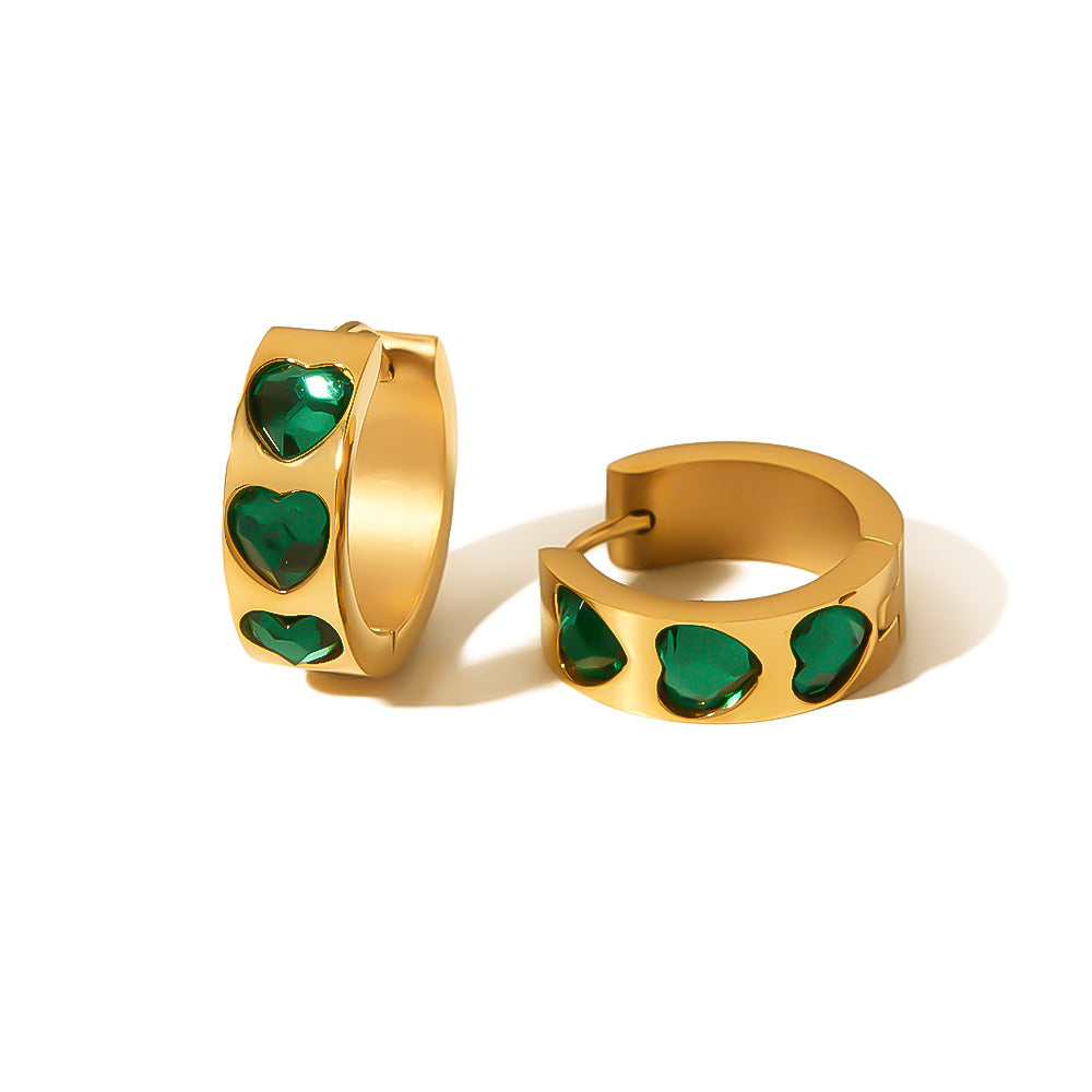 INS Style Heart-Shaped Green Zircon Inlaid Stainless Steel Hoop Earrings for Women with 18K Gold Plating