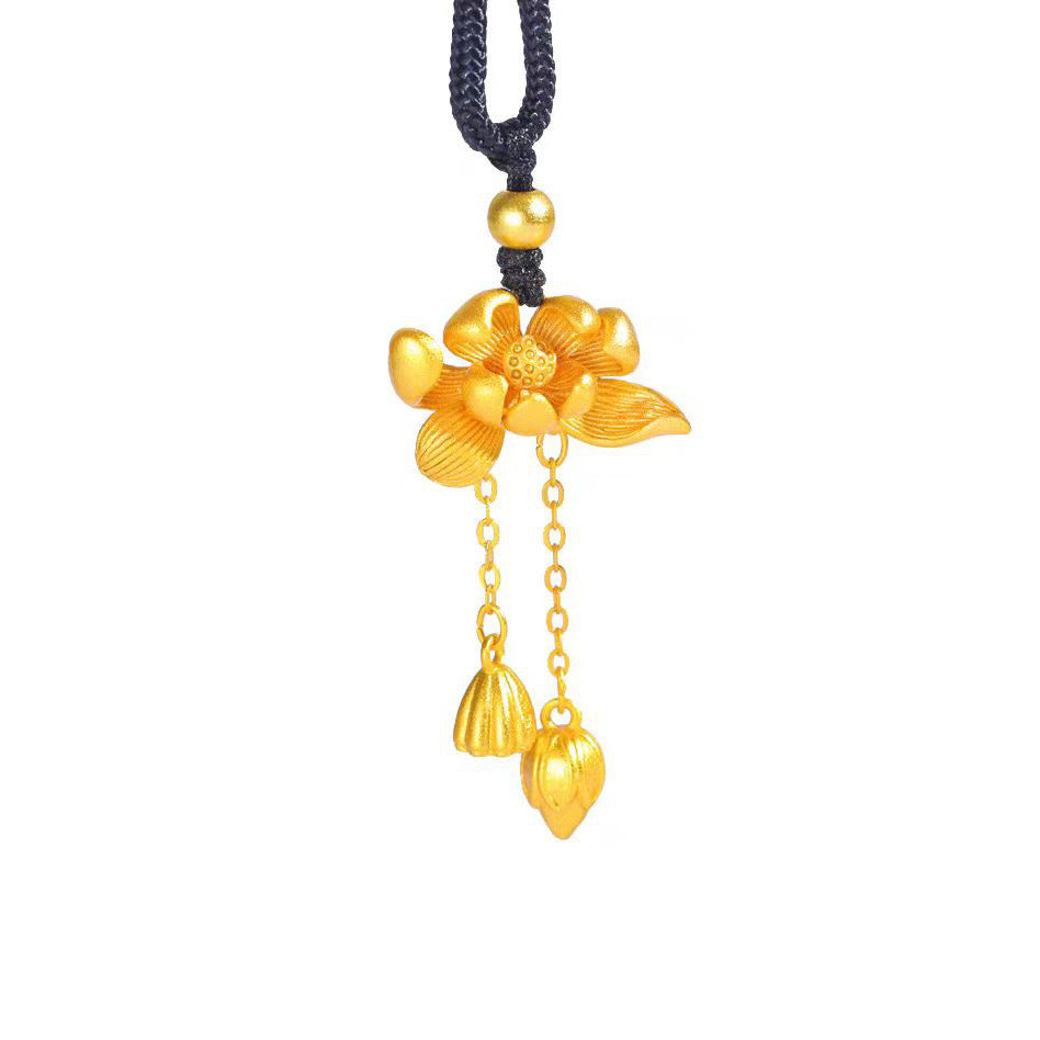 Collana con ciondolo a capsula di loto dal design originale in acciaio al titanio placcato oro 18 carati con catena a O nera, gioielli unisex