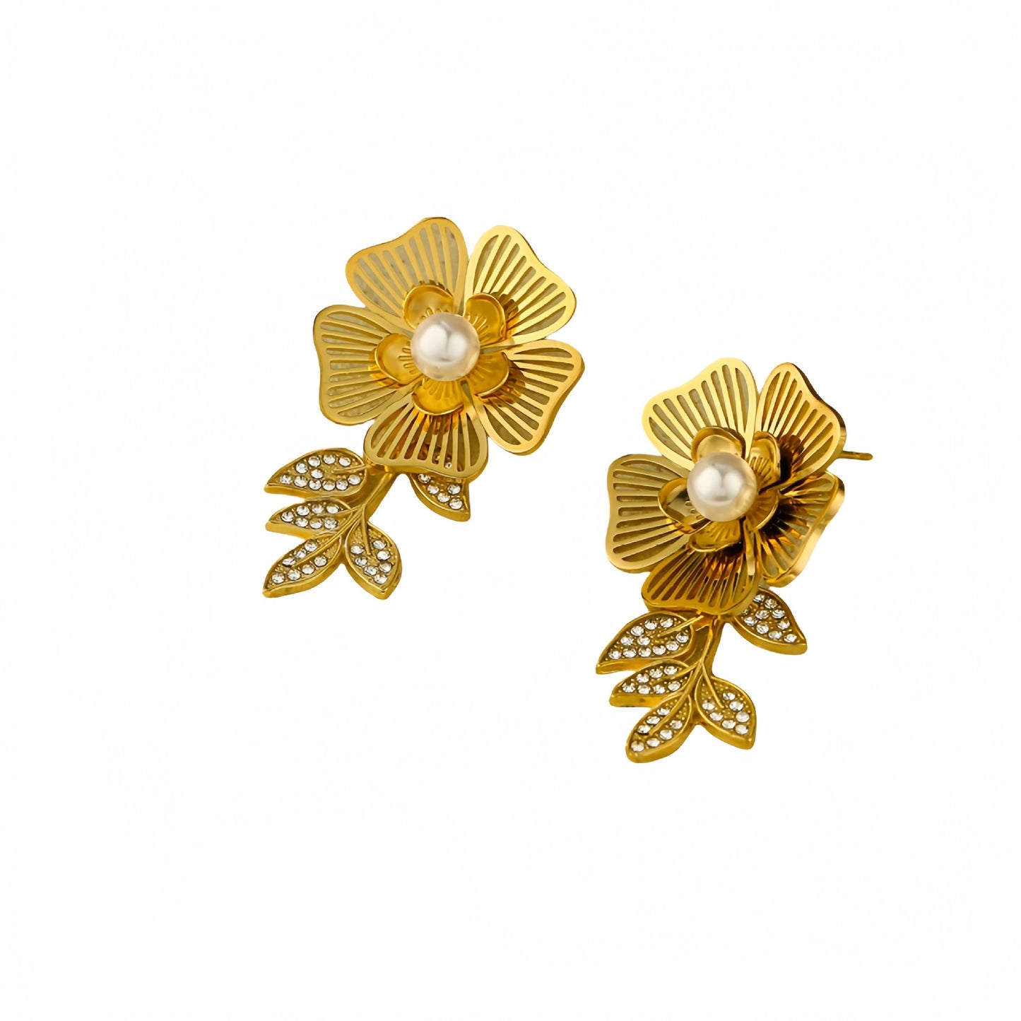 Pendientes colgantes de hoja y flor de acero inoxidable chapado en oro de 18 quilates, estilo francés vintage, para mujer
