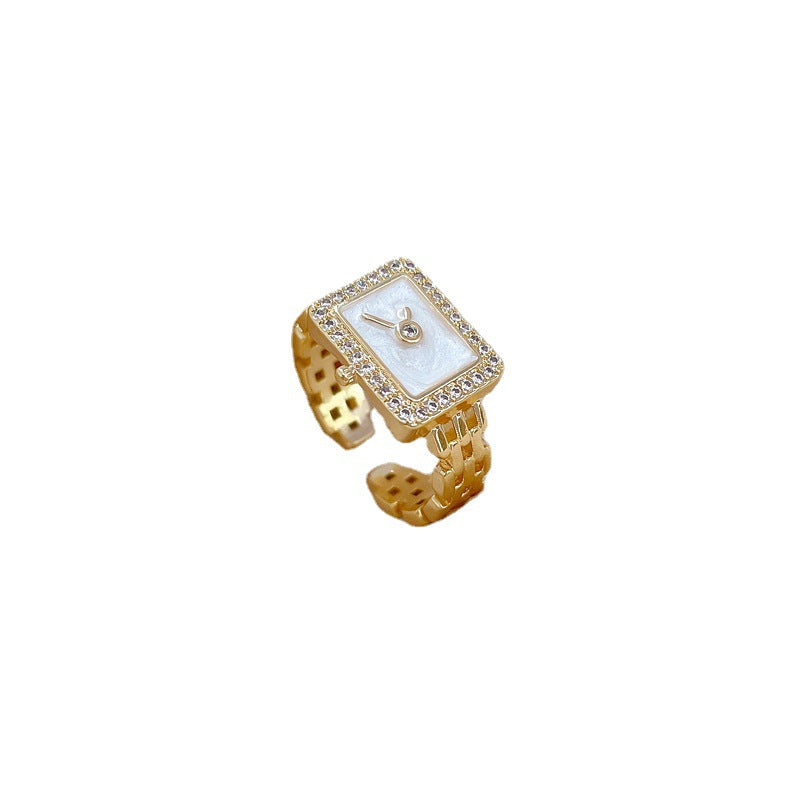 Anillo ajustable minimalista con incrustaciones de diamantes de imitación con diseño de corona para mujer, base de latón con chapado en oro