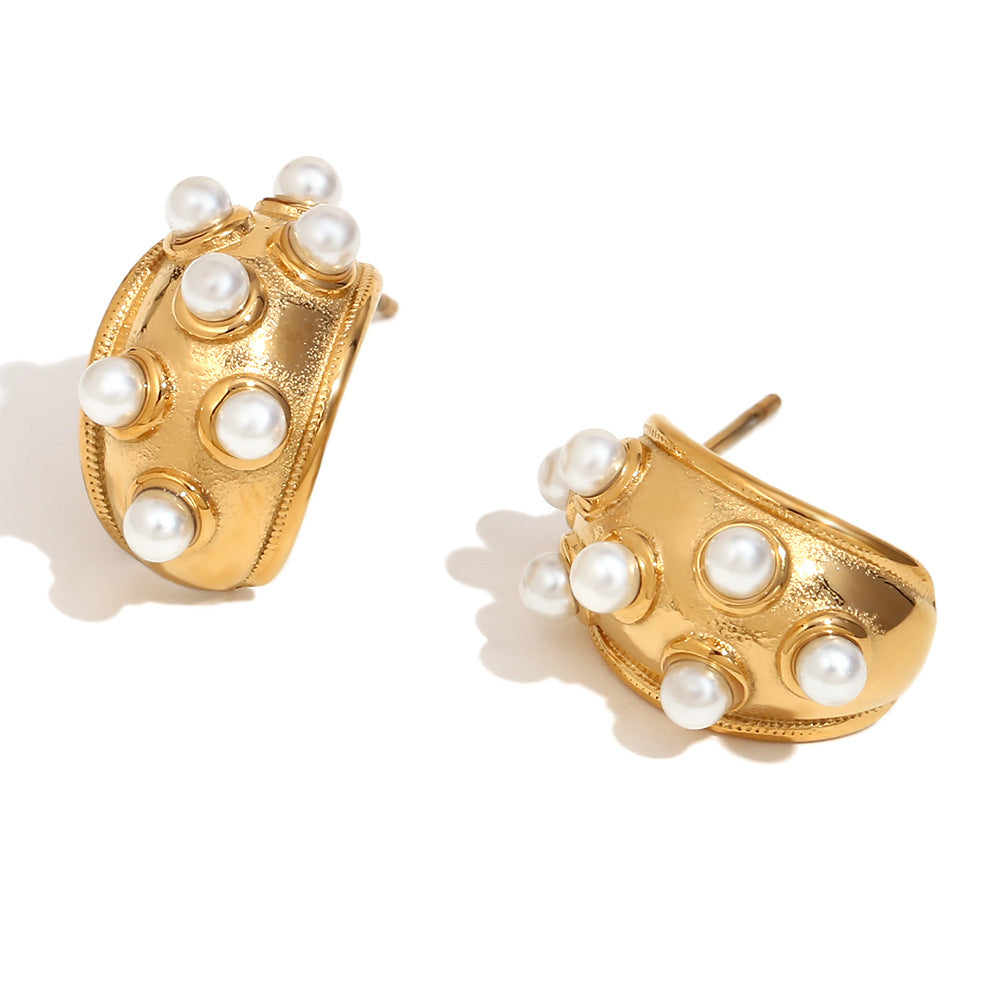 Vintage Minimalist Geometric Stainless Steel 18K Gold Plated Moon Stud Earrings for Women with Pearl-Like Accents