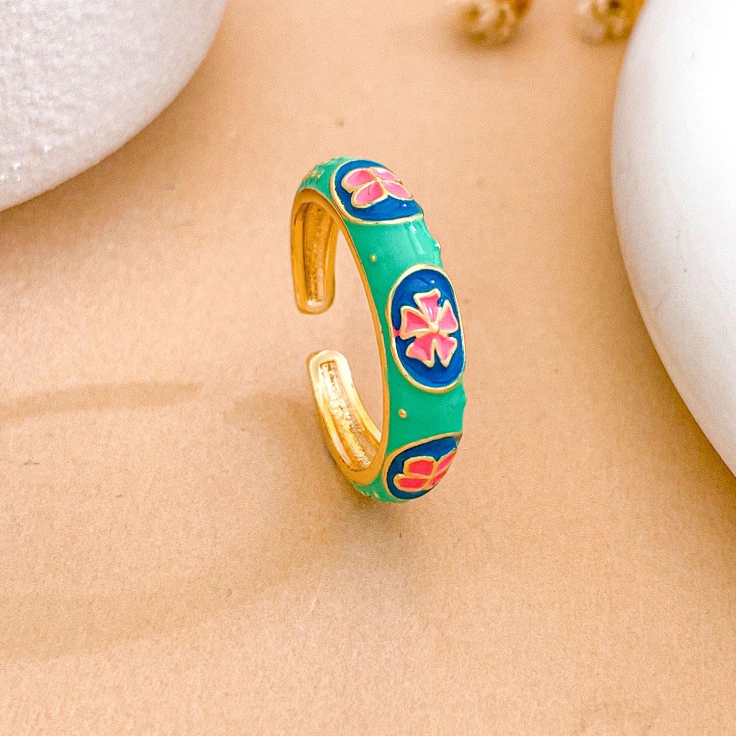 Sweet Minimalist Floral Enamel Gold Plated Brass Adjustable Ring for Women