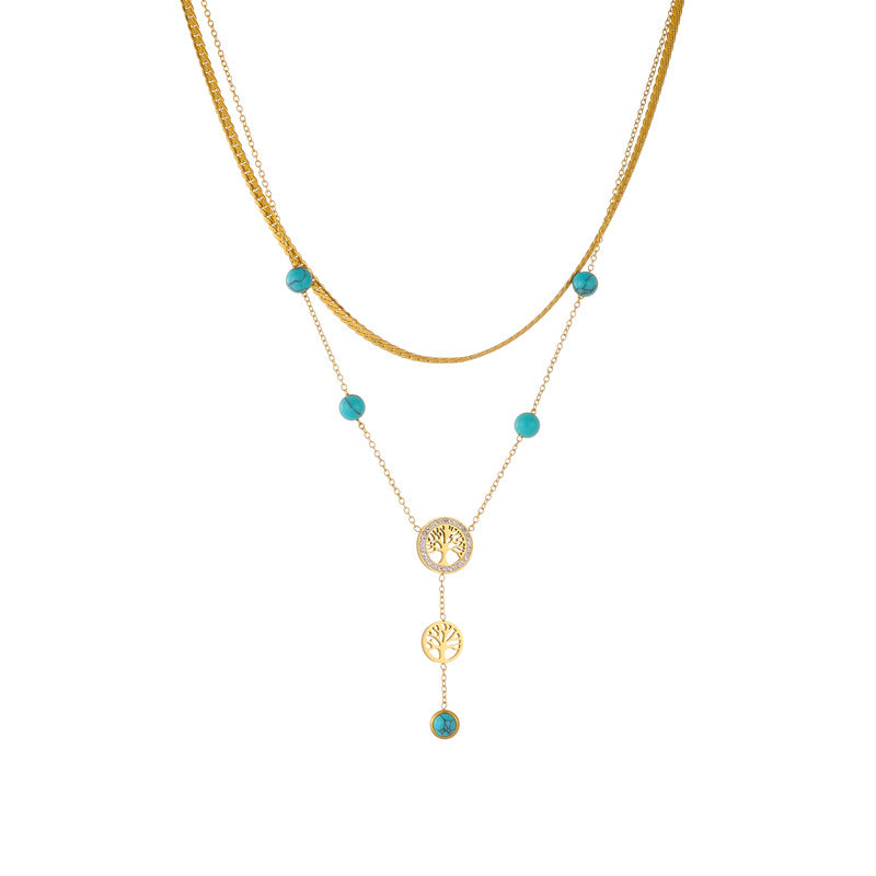 Minimalist Vintage Double-Layer Stainless Steel Necklace with Gold Plating, Tassel Pendant, and Turquoise Tree of Life Charm