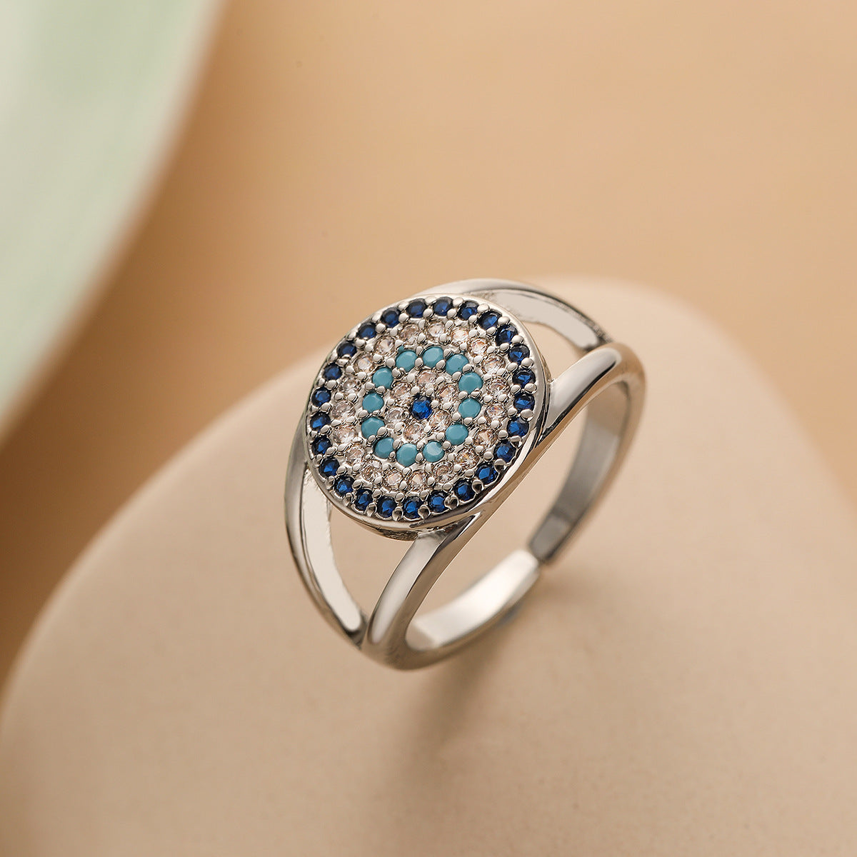 Minimalist Geometric Open Ring for Women with Zircon Inlay and Evil Eye Design in Copper