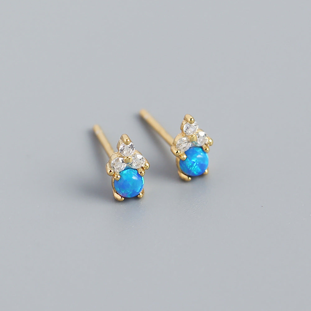 Orecchini a perno con opale e intarsio di strass in argento sterling S925, stile naturale, forma geometrica da donna