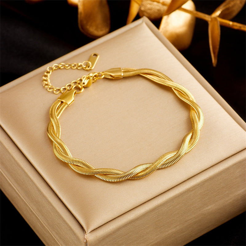 Collana e Bracciale Girocollo da Donna Minimalista con Design a Catena Intrecciata in Acciaio Titanio Placcato Oro