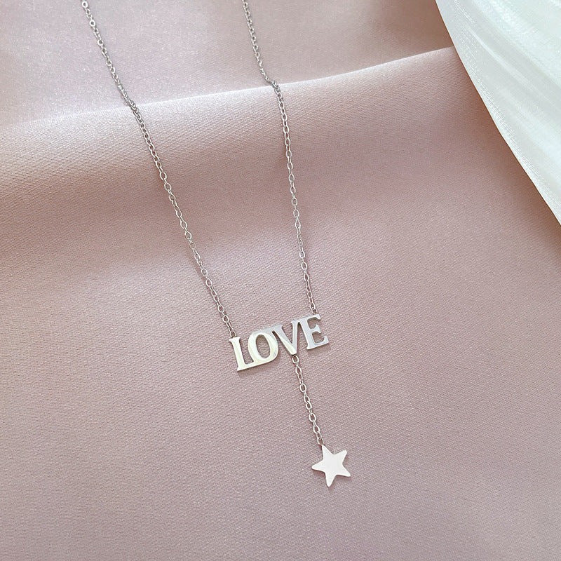 Minimalist Titanium Steel LOVE Star Pendant Necklace for Women Geometric Locket Chain Fashionable Casual Jewelry