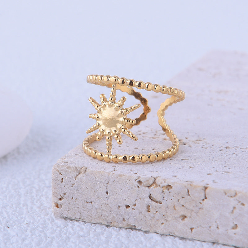 Anillo abierto ajustable de acero de titanio con forma geométrica de sol vintage para mujer con acabado chapado