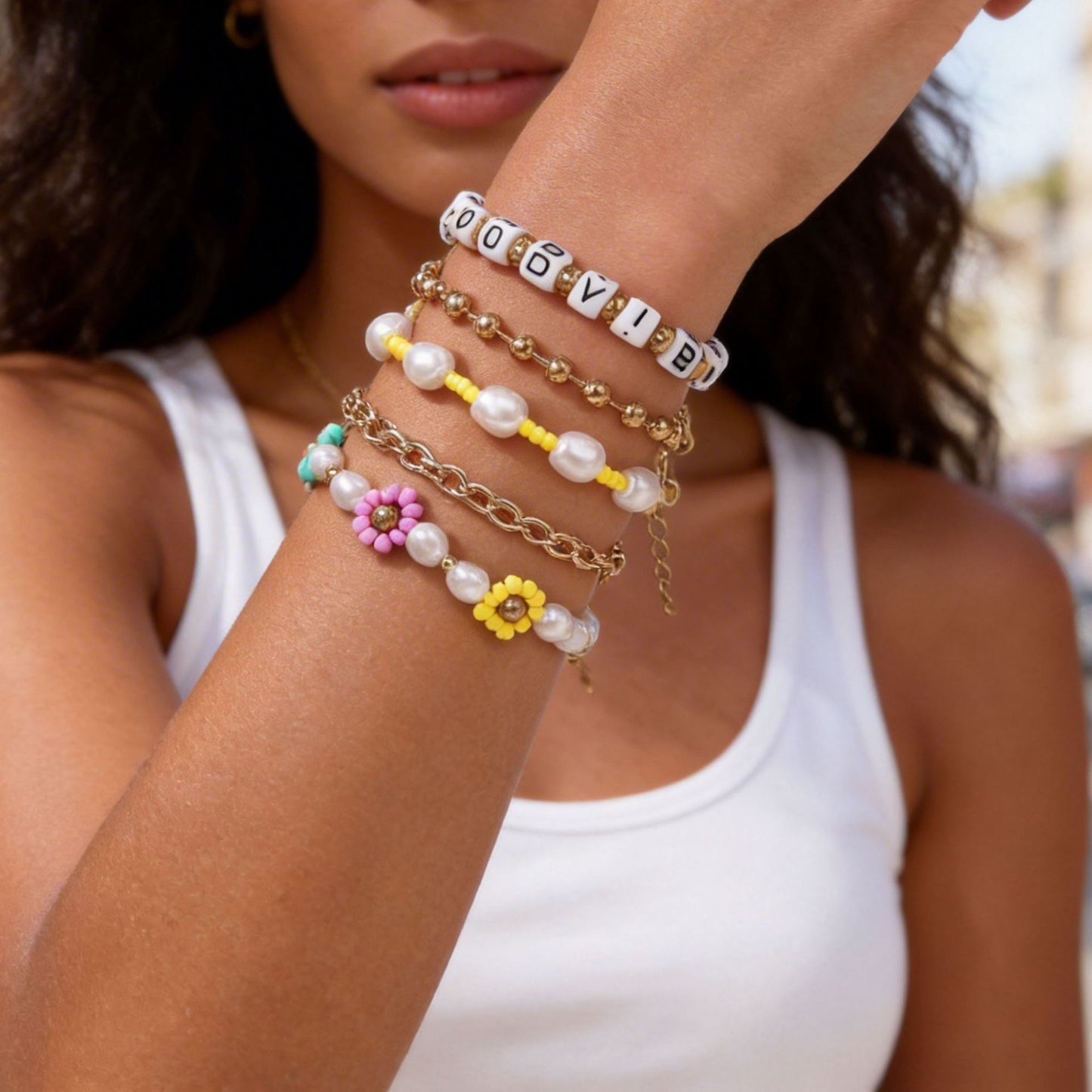 Bohemian Floral Letter Resin Turquoise Imitation Pearl Bracelet Set