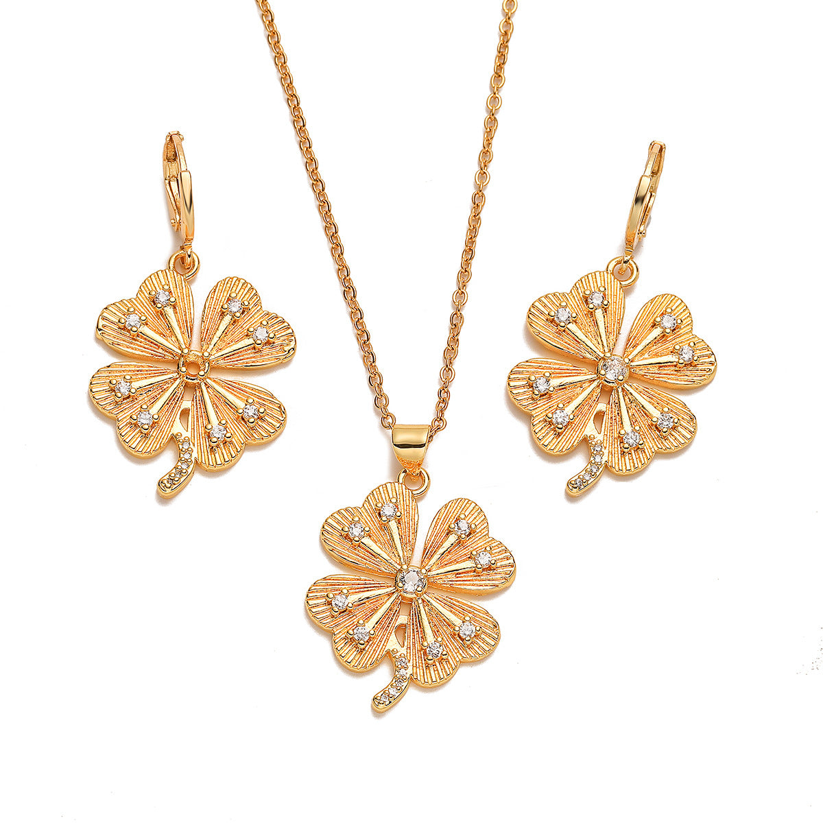 Minimalist Leaf Micro-inlay Cubic Zirconia Brass Necklace and Earring Set for Women with Cable Chain