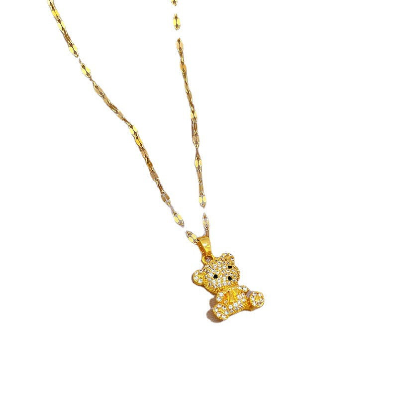 Elegant Titanium Steel Micro-Paved Bear Pendant Necklace for Women Geometric Locket Chain Delicate Clavicle Jewelry